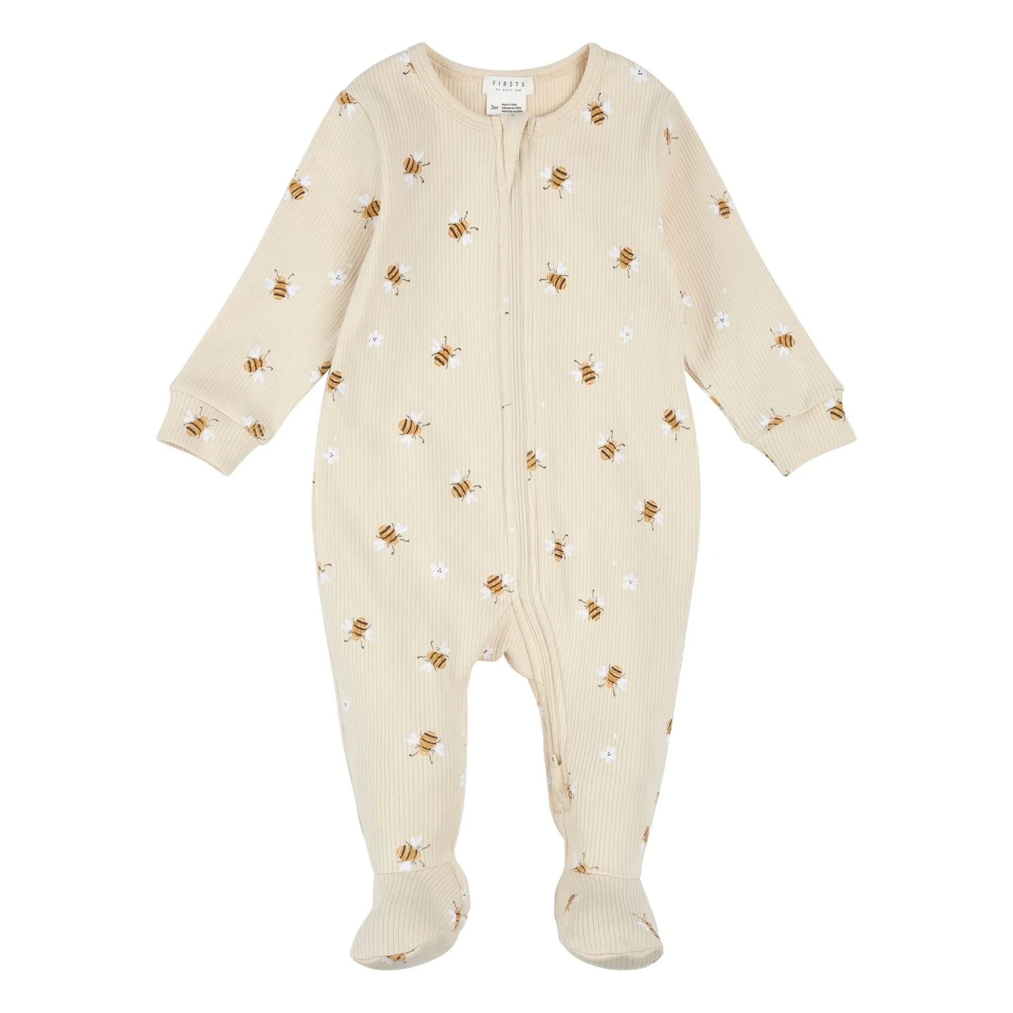 Petit Lem - Füßling Schlafanzug Geprägte Bienen Bio-Baumwolle | Beige