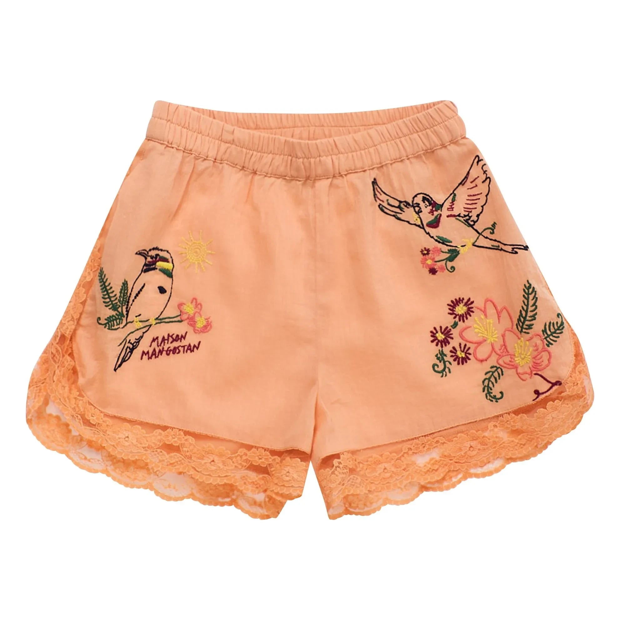 Maison Mangostan – Shorts mit Vogelstickerei | Orange