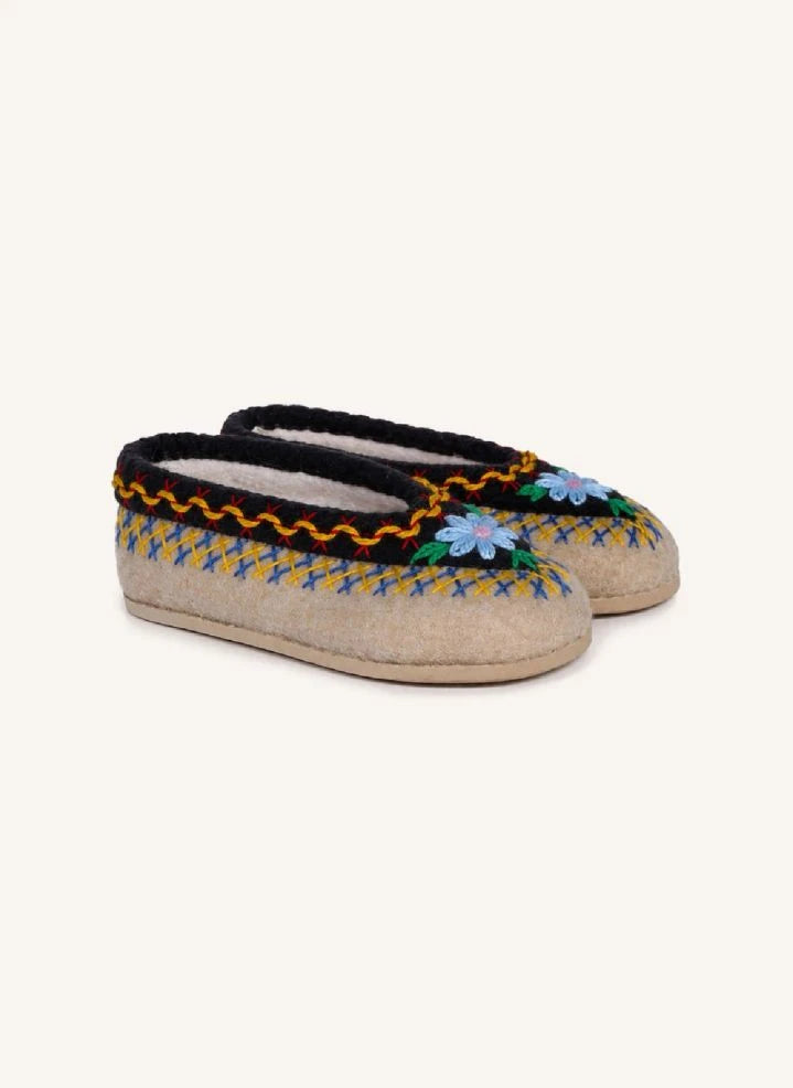 Folkloore - Wollpantoffeln mit Blumenmuster - Kinderkollektion | Creme