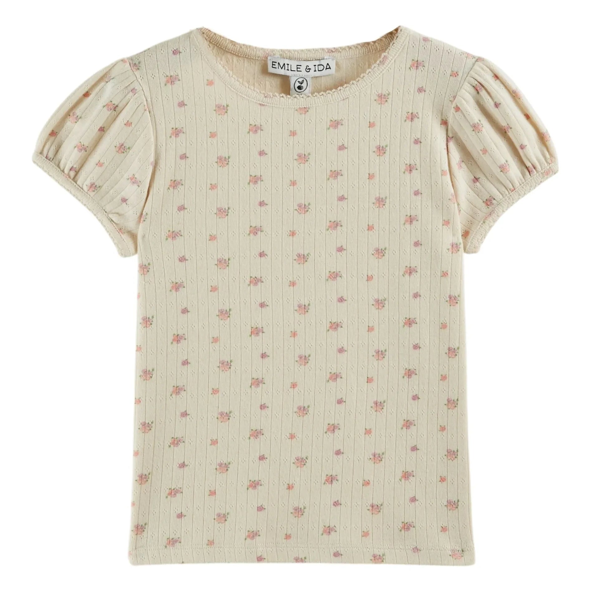 Emile et Ida - T-Shirt aus Bio-Baumwolle mit Pompon-Blumenmuster | Creme