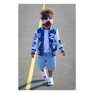 Fille Garçon - Leder-Patch Letterman Bomberjacke | Blau