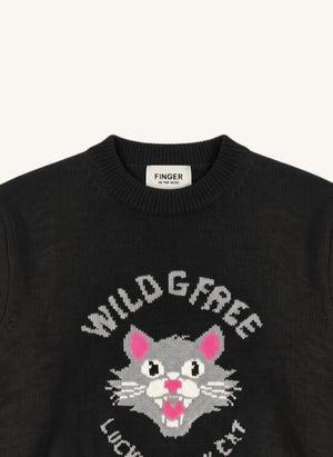 Finger in der Nase - Sally Schwarze Katze Merino Wollpullover | Schwarz