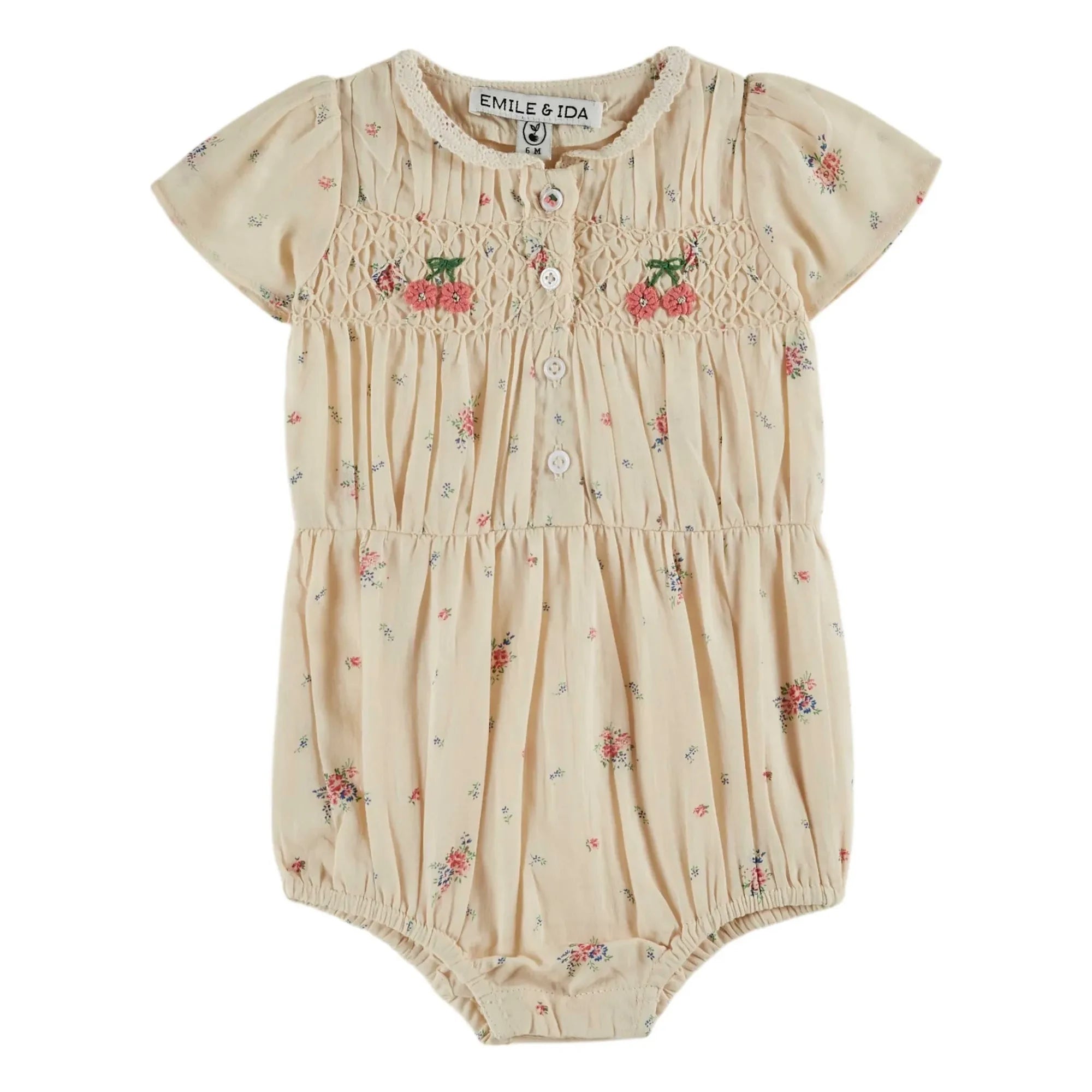 Emile et Ida - Bio-Baumwoll-Strampler mit Rüschen und Blumenmuster | Creme