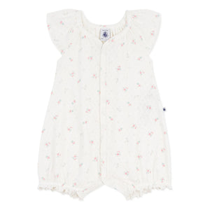 Petit Bateau – Schlafanzug mit Lochstickerei und Blumenmuster, Strampler-Stil | Weiß