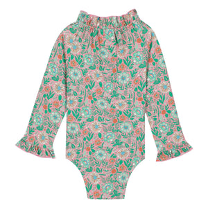 Bonton - Langärmliger Badeanzug mit Rüschenkragen Blüten | Lila