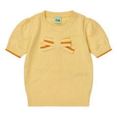 FUB – T-Shirt aus Bio-Baumwolle mit feinem Strickmuster und Schnürdetail | Hellgelb