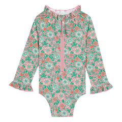Bonton - Langärmliger Badeanzug mit Rüschenkragen Blüten | Lila