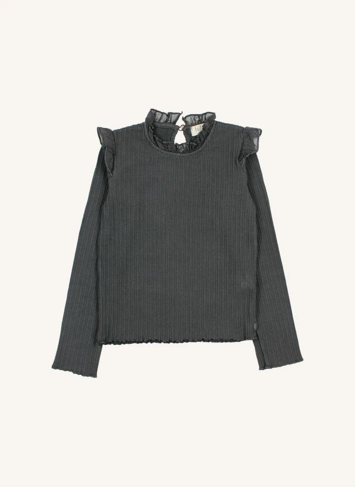 Búho - Geripptes T-Shirt mit Rüschen | Kohlegrau