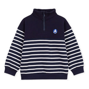 Petit Bateau - Çizgili organik pamuklu triko yakalı sweatshirt | Lacivert