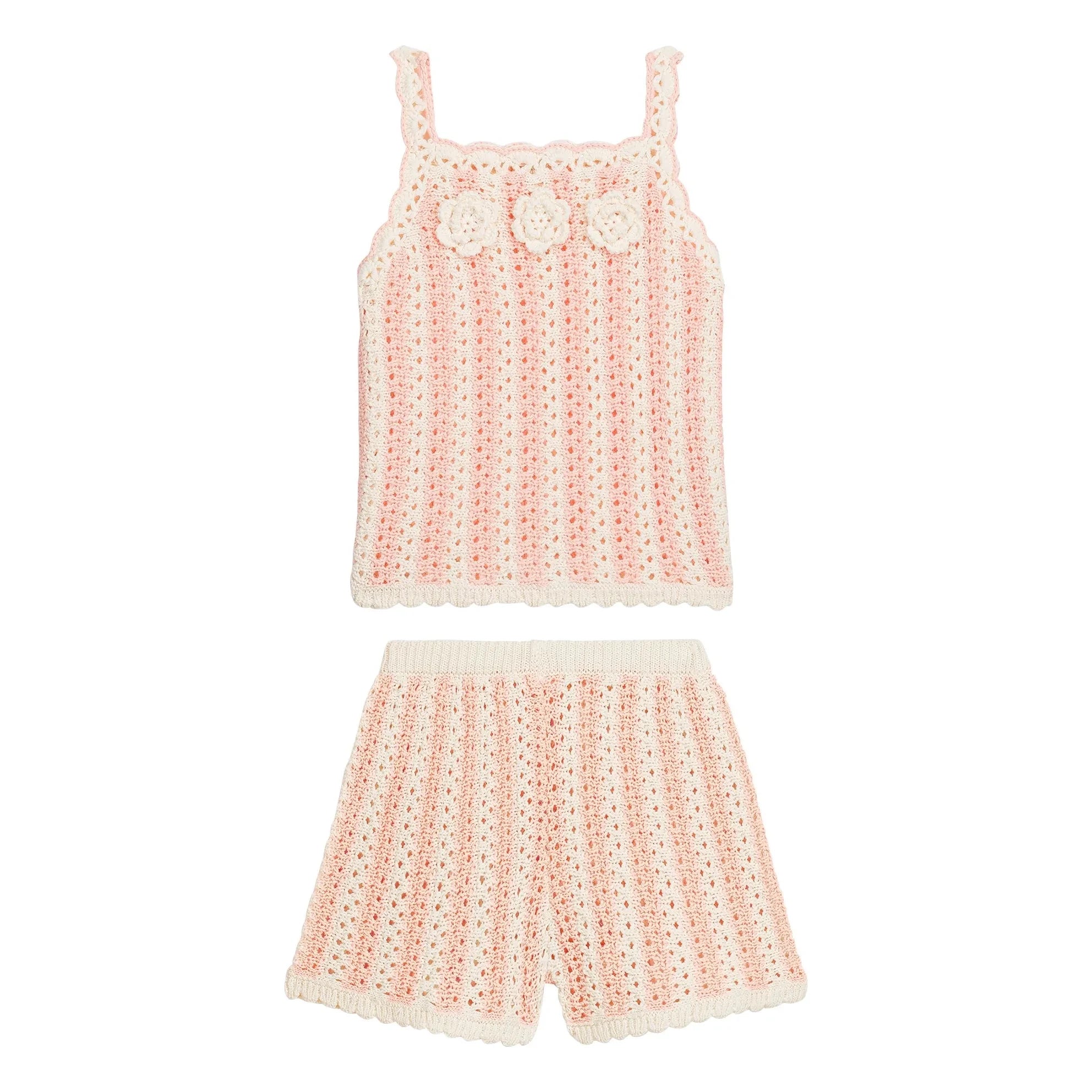 Louise Misha - Gestreiftes Lary-Set mit Ajourmuster aus Oberteil und Shorts | Rosa