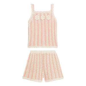 Louise Misha - Gestreiftes Lary-Set mit Ajourmuster aus Oberteil und Shorts | Rosa
