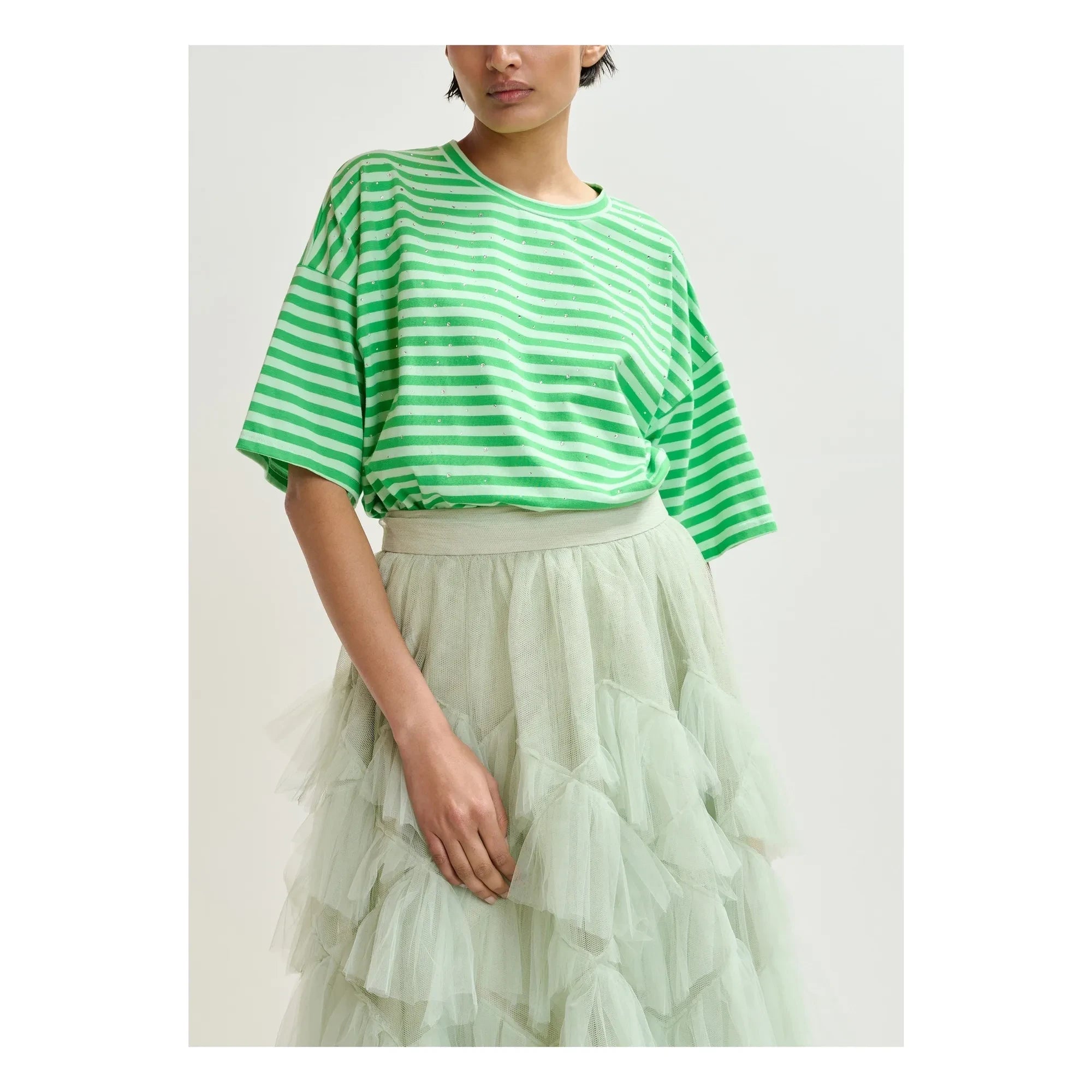 Essentiel Antwerp – Joste gestreiftes T-Shirt mit Strasssteinen | Grün