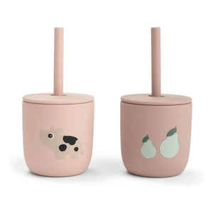 Done by deer - Tiny Farm Trinkbecher mit Strohhalm - 2er-Set | Rosa
