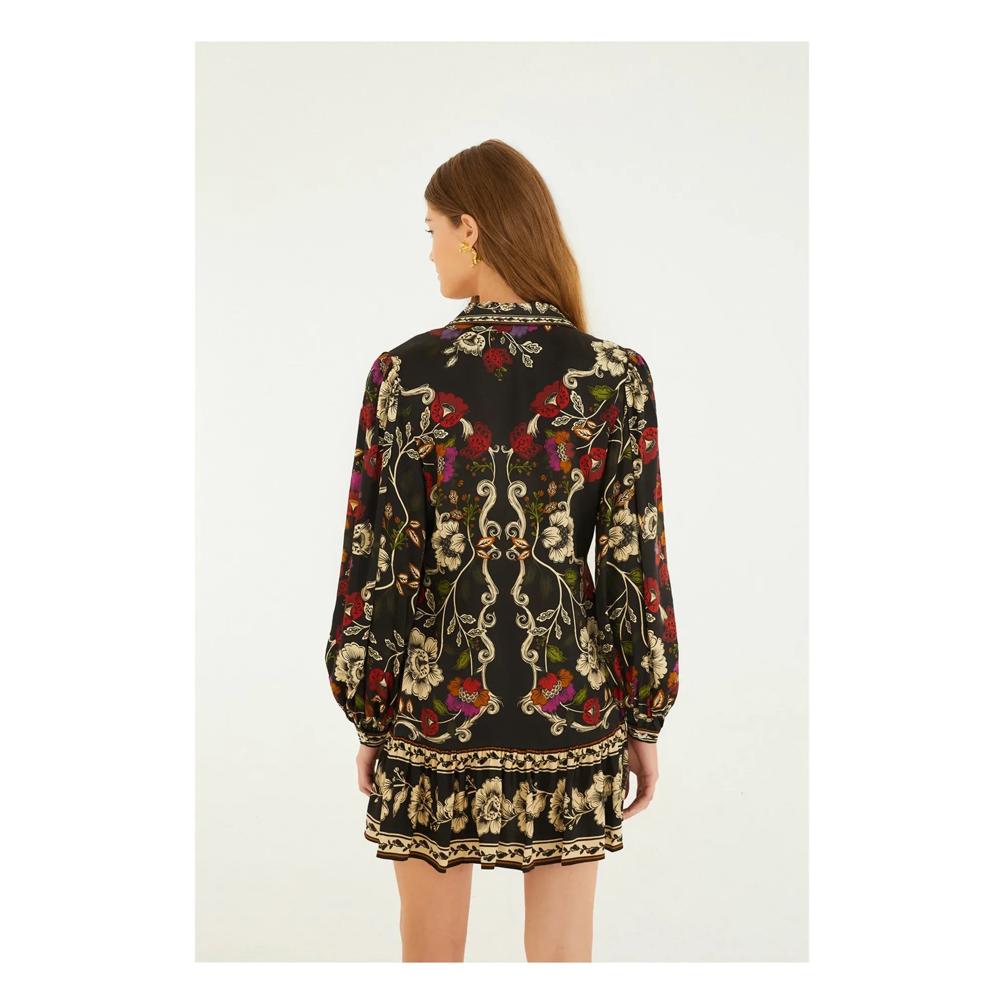 Farm Rio - Rokoko Geblümtes Minikleid | Schwarz
