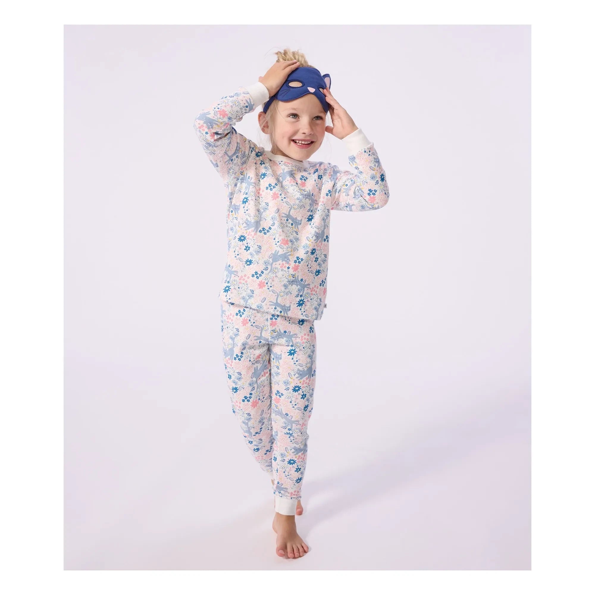 Petit Bateau – Schlafanzug aus Bio-Baumwolle mit Katzenmaske und Blumenmuster | Weiß