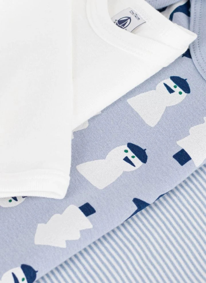 Petit Bateau - 3er-Set Bodies aus Bio-Baumwolle mit Schneemann | Grau-Blau