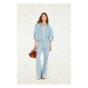 Farm Rio - Zweifarbige Denim Bluse | Blau
