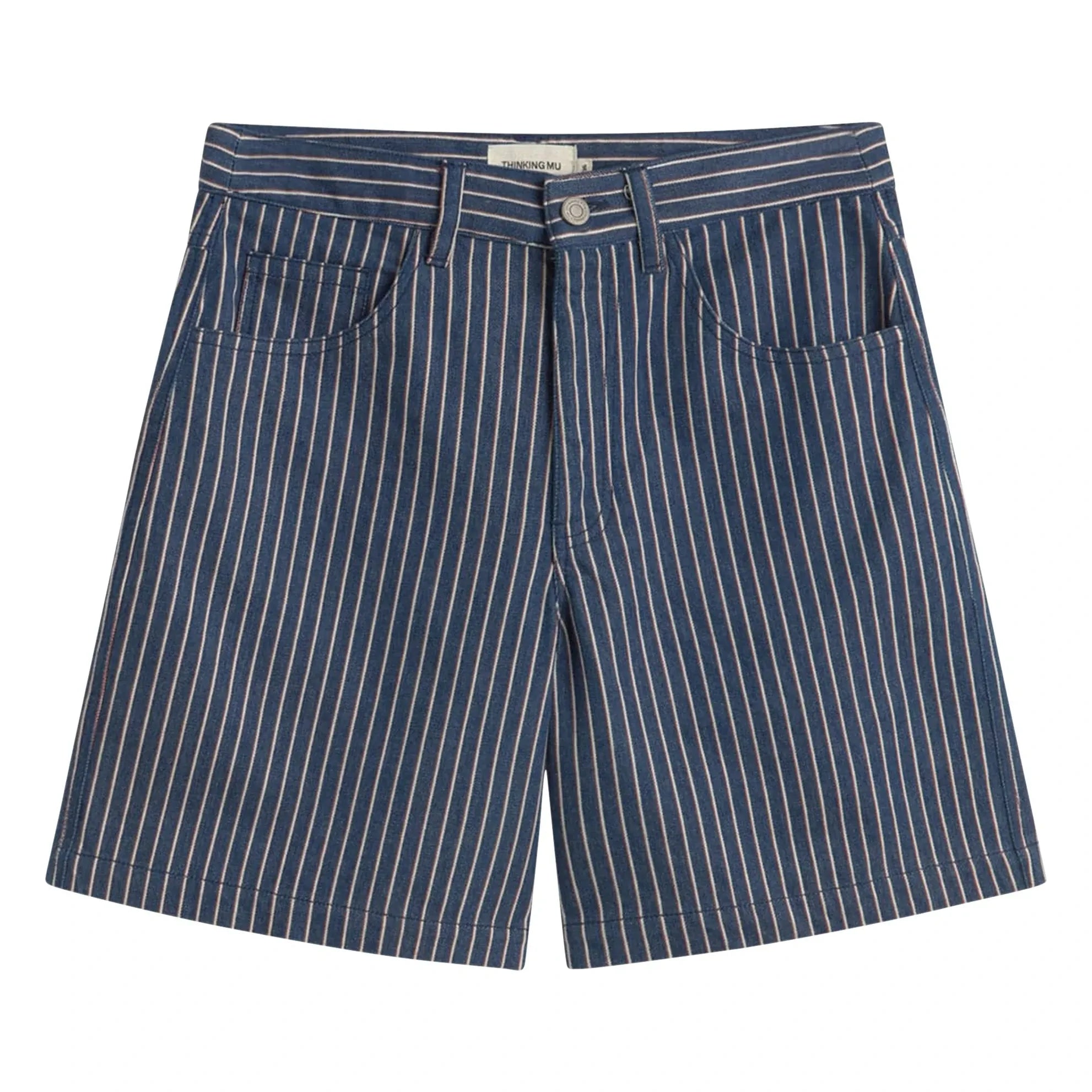 Thinking Mu - Luisa Gestreifte Bio-Baumwoll-Shorts | Grau-Blau