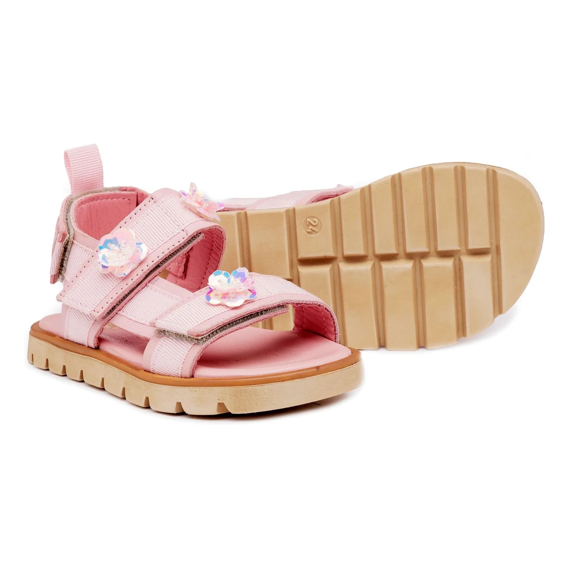 Pèpè - Doppelstreifen Blumen Sandalen | Puderrosa