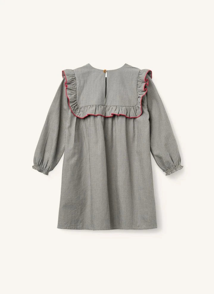 Copenhagen Colors - Kariertes Rüschenkleid mit Stickerei aus Bio-Baumwolle | Grau