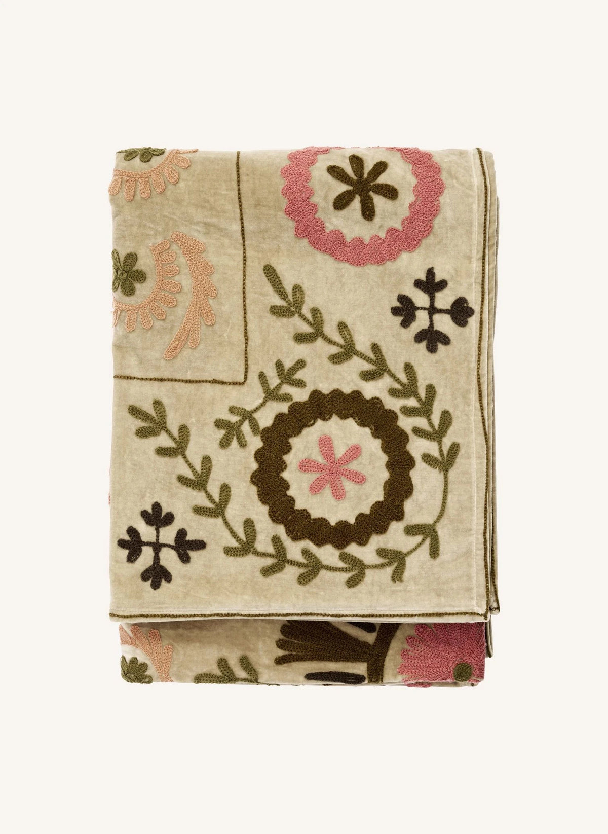 Madam Stoltz - Suzani bestickte Samtdecke | Beige