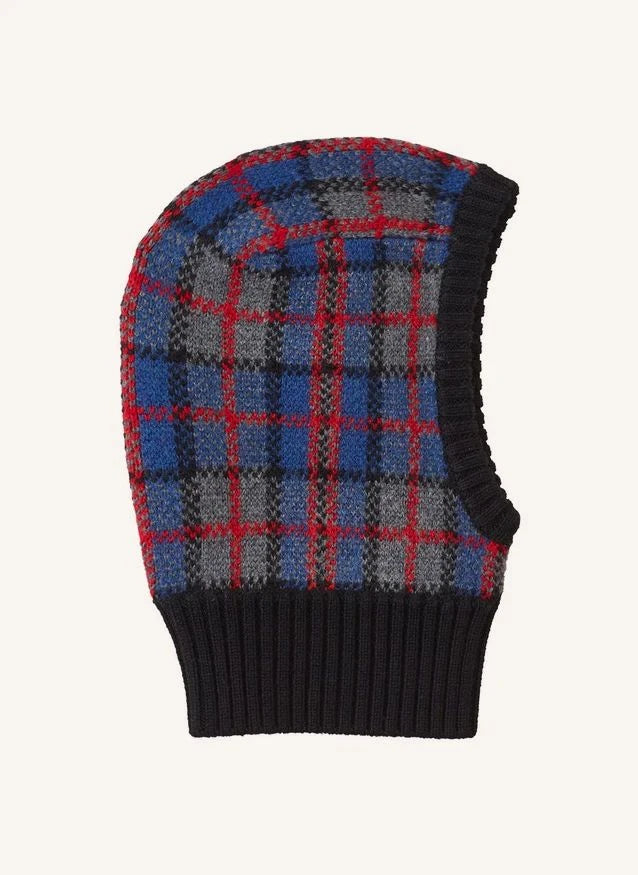 Caramel - Plomo Karomuster Merino Woll Balaclava | Grau Blau