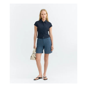 Thinking Mu - Luisa Gestreifte Bio-Baumwoll-Shorts | Grau-Blau
