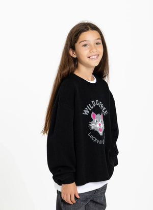 Finger in der Nase - Sally Schwarze Katze Merino Wollpullover | Schwarz