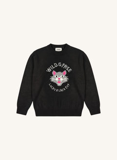 Finger in der Nase - Sally Schwarze Katze Merino Wollpullover | Schwarz