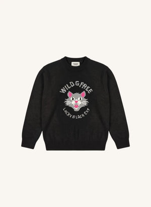 Finger in der Nase - Sally Schwarze Katze Merino Wollpullover | Schwarz