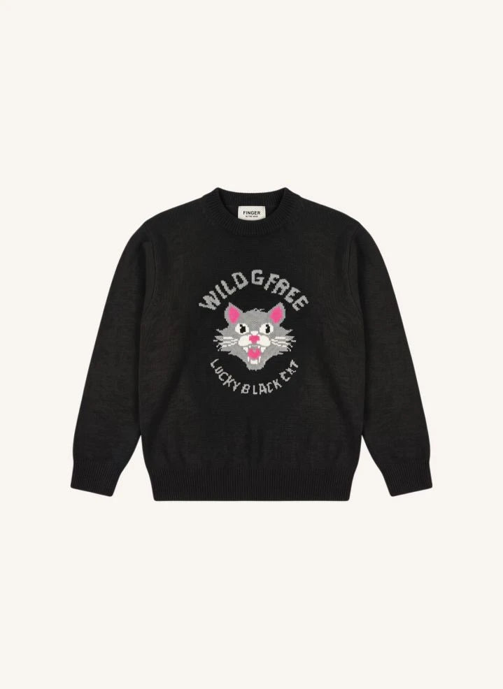 Finger in der Nase - Sally Schwarze Katze Merino Wollpullover | Schwarz