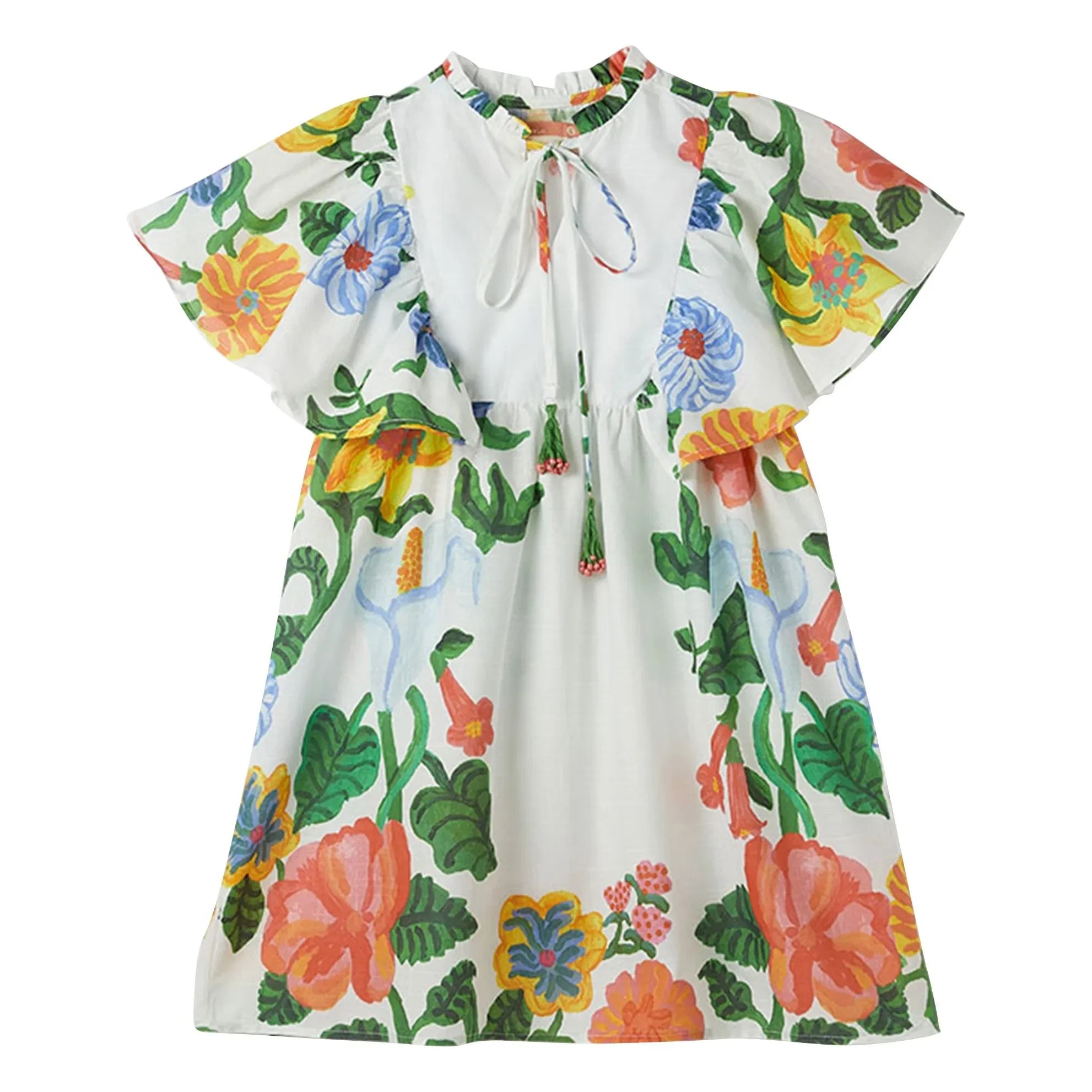 Fabula - Kleid mit Blumenmuster und Rüschenärmeln | Weiß