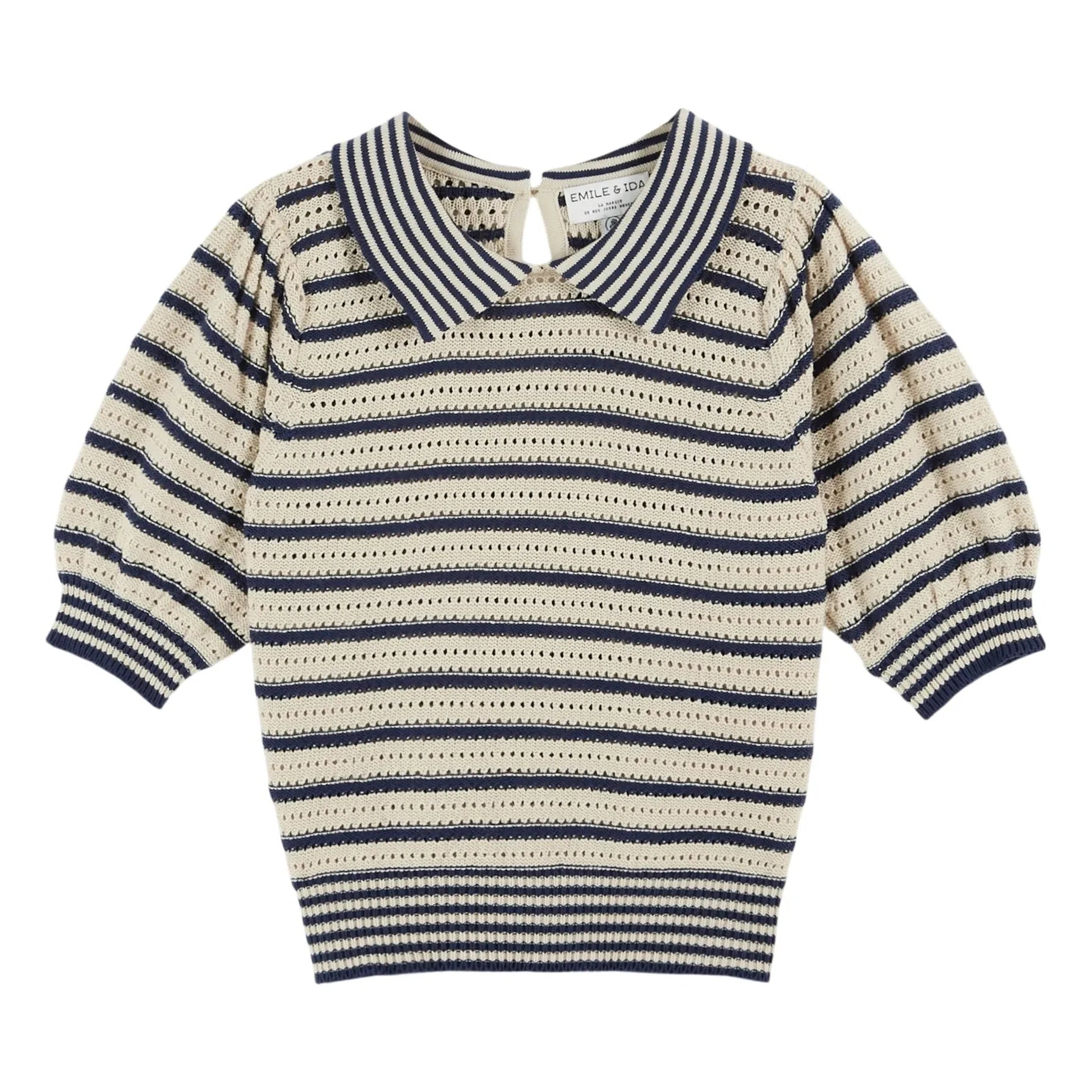 Emile et Ida – Gestreifter Pullover aus Bio-Baumwolle mit Lochmuster | Marineblau