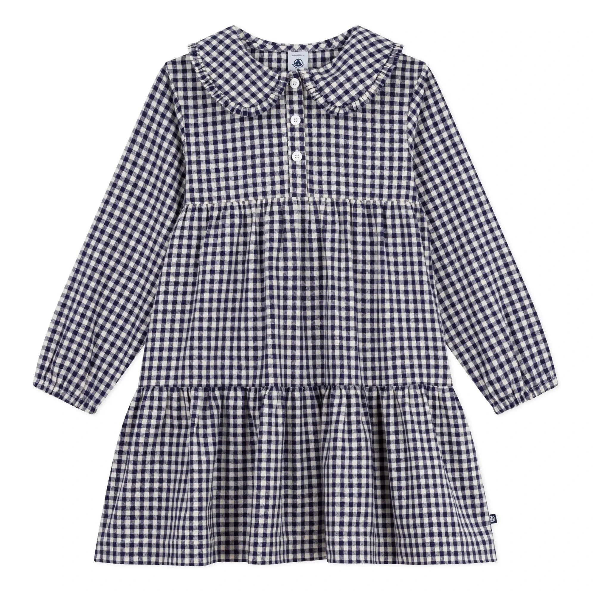 Petit Bateau - Claudine-Kragen-Kleid aus Bio-Baumwoll-Karo | Marineblau
