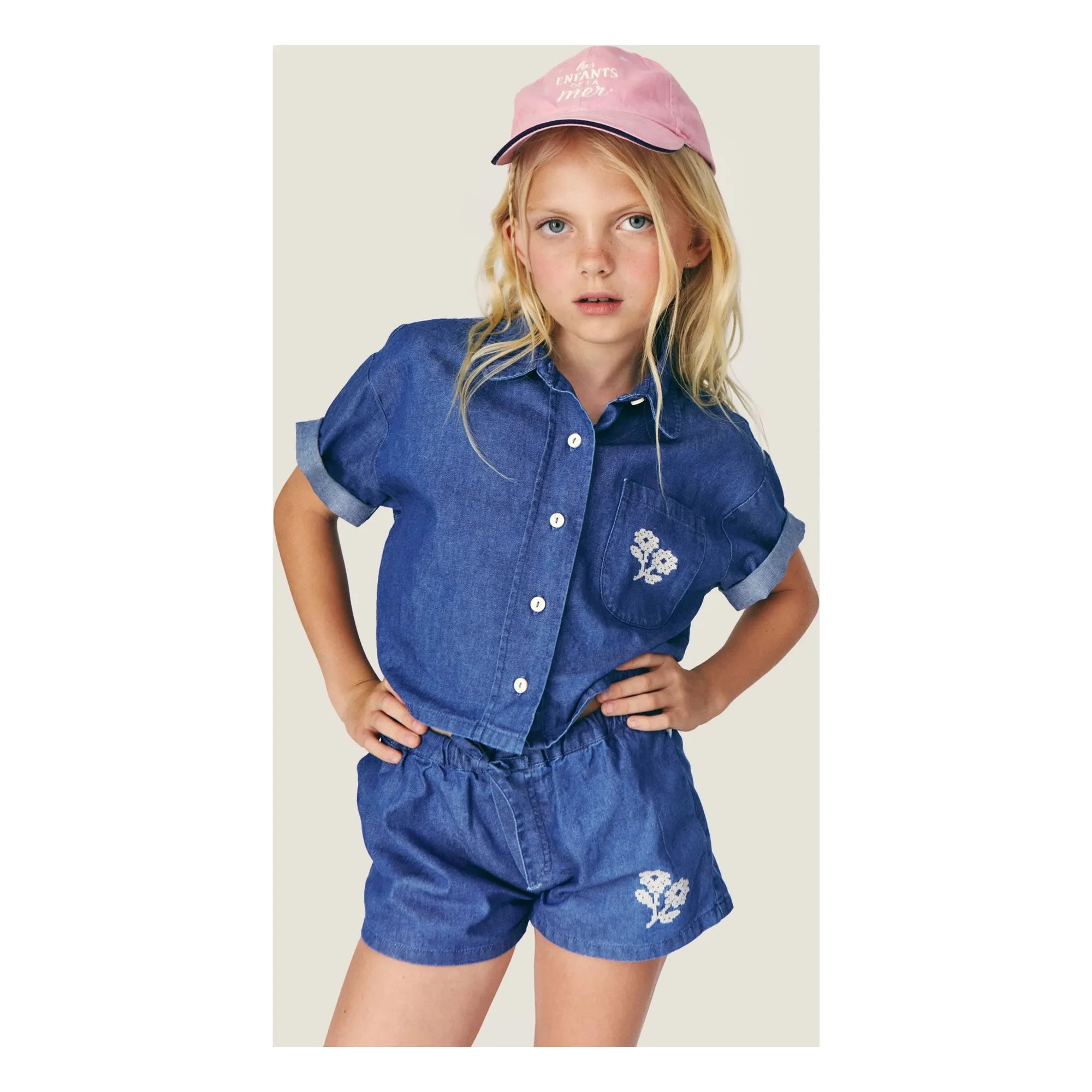 Mipounet - Jeanshemd Amélie Fleurs Baumwolle BCI | Blau