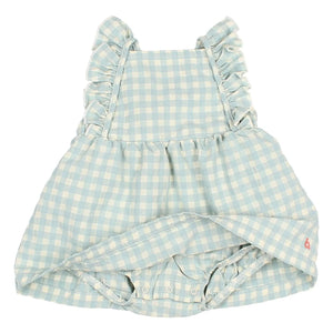 Búho - Gingham Rüschen Seersucker Strampler aus Bio-Baumwolle | Aqua