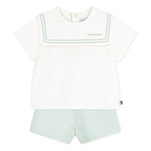 Petit Bateau - Dunkelblaues Kragen-Oberteil und Leinen-Shorts Set | Salbeigrün