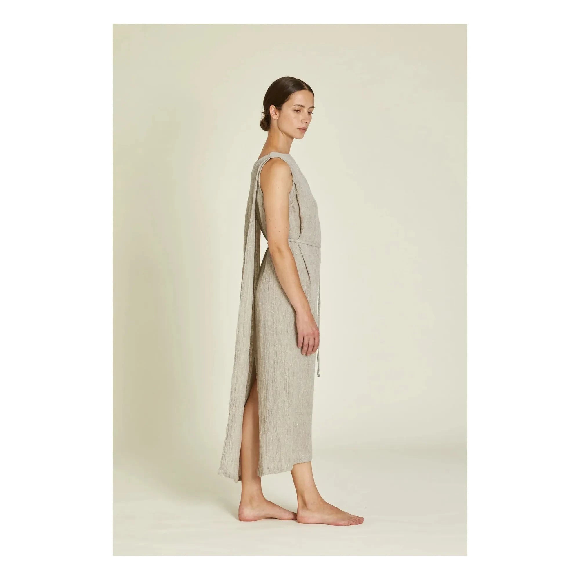 Black Crane - Leinen Obi Kleid | Hellgrau