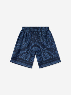Versace Boys Silk Barocco Shorts in Navy