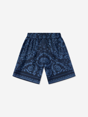 Versace Boys Silk Barocco Shorts in Navy