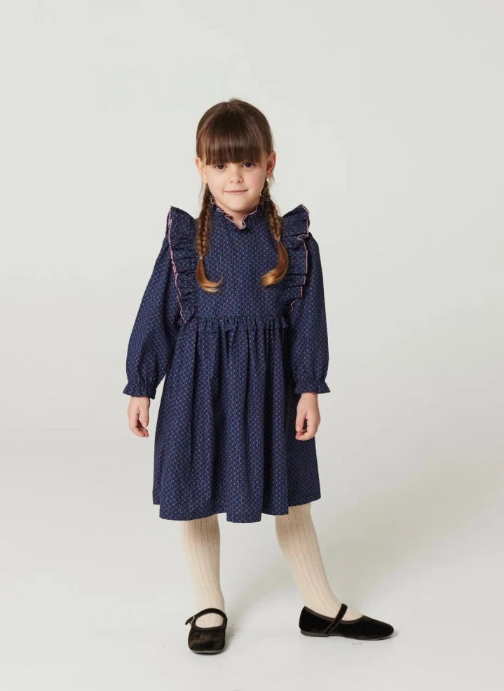 Copenhagen Colors - Volantkleid mit Blumenmuster aus Bio-Baumwolle | Dunkelblau