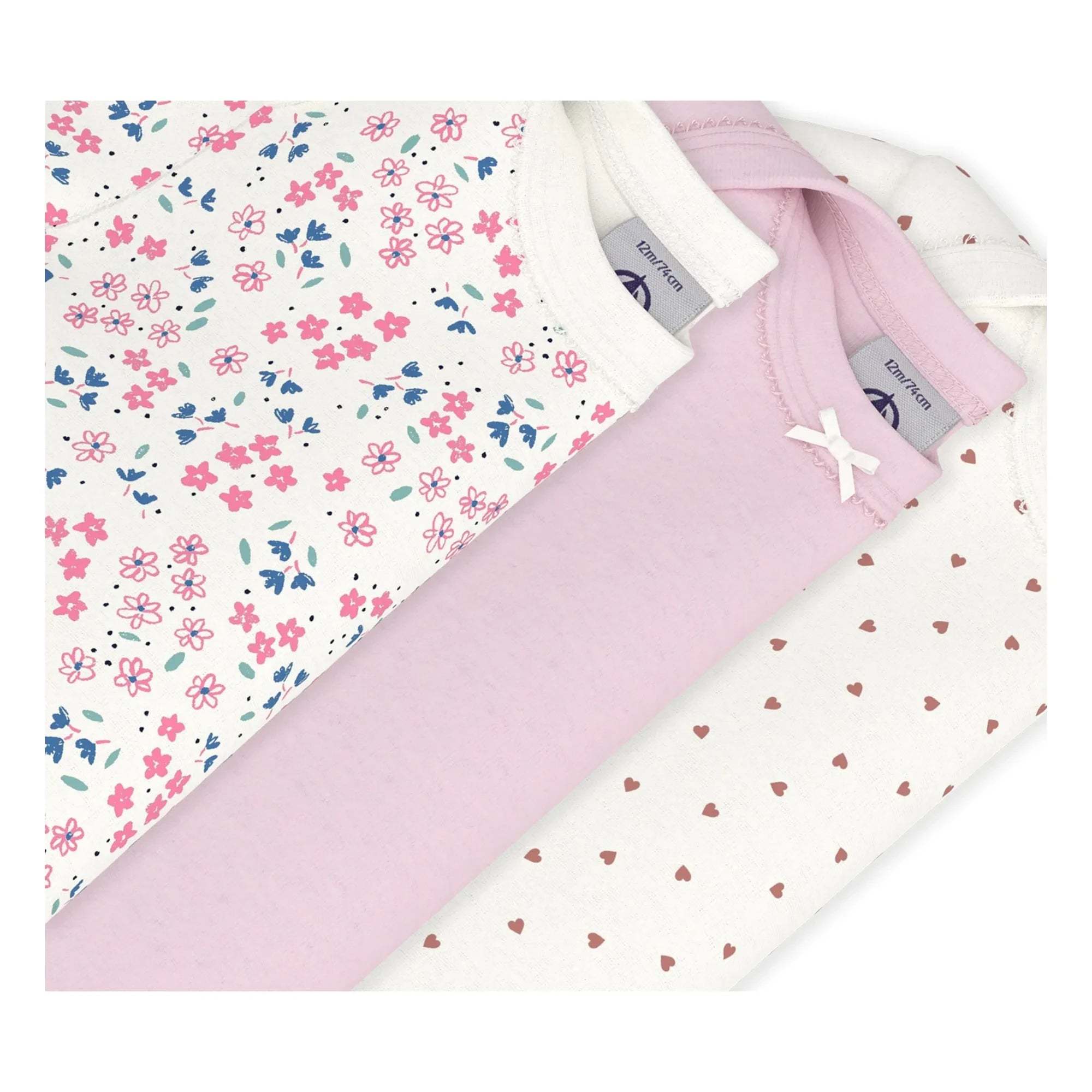 Petit Bateau - 3er-Pack Spielanzug-Set mit Blumenmuster und Herz Bio-Baumwolle | Weiß