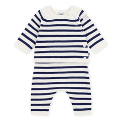 Petit Bateau - Yün Çizgili Hırka ve Pantolon Takımı | Beyaz