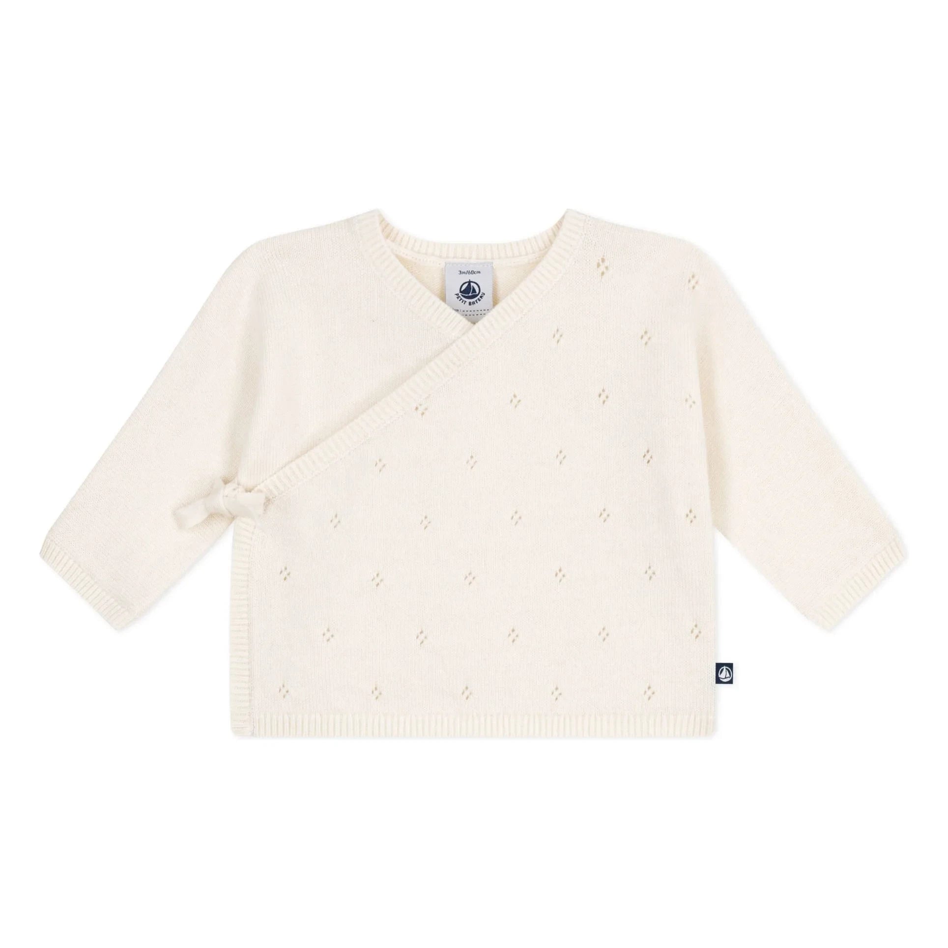 Petit Bateau – Wickelstrickjacke aus Pointelle-Wolle | Ecru