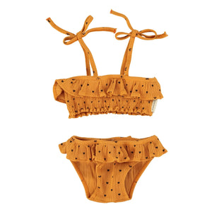 Piupiuchick - 2-teiliger gerippter Badeanzug Bio-Baumwolle Herzen | Kamel