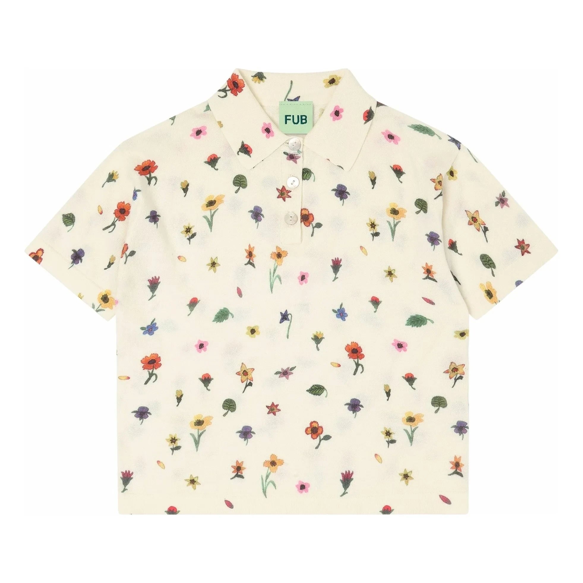 FUB - Blumenmuster Polo T-Shirt Extra Feines Netz Bio-Baumwolle | Ecru