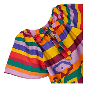 Fabula - Gestreiftes Blumenkleid mit spanischem Ärmel | Gelb