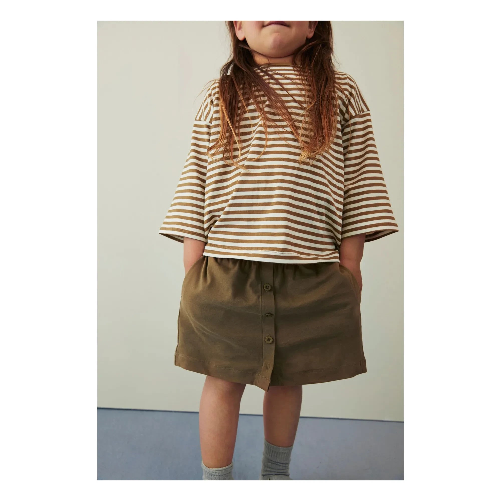 Gray Label - 3/4-Arm Gestreiftes Bio-Baumwoll-T-Shirt | Khaki-Braun