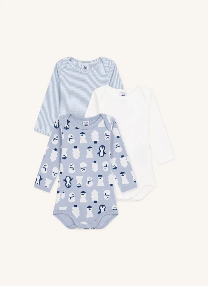 Petit Bateau - 3er-Set Bodies aus Bio-Baumwolle mit Schneemann | Grau-Blau