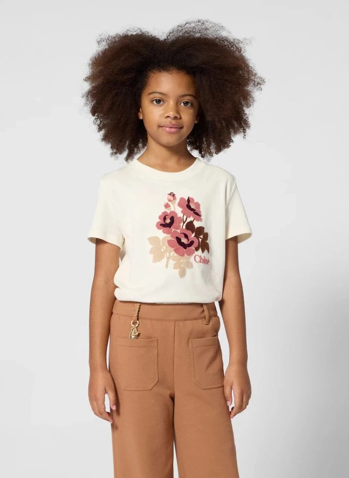 Chloé - T-Shirt aus Bio-Baumwolle mit Blumen | Chalk